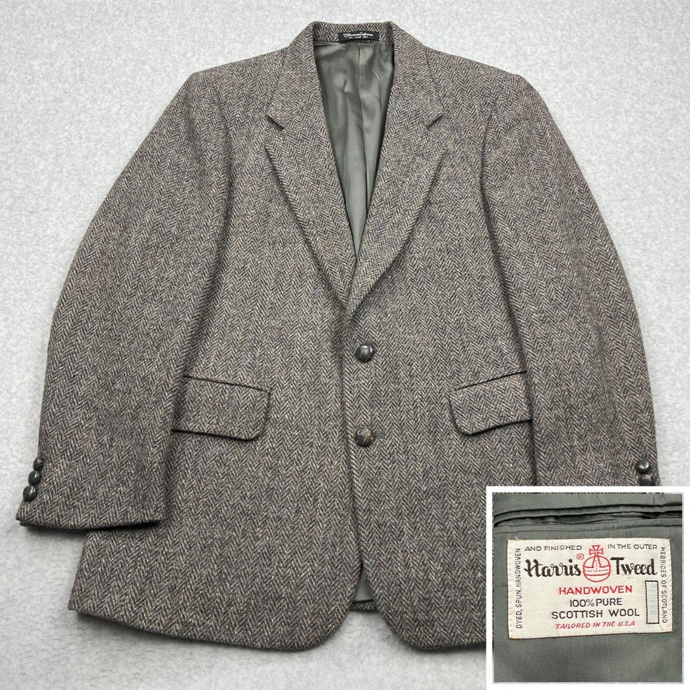 VTG 50s Harris Tweed Scottish Wool Blazer 40* Herringbone Leather Buttons Jacket